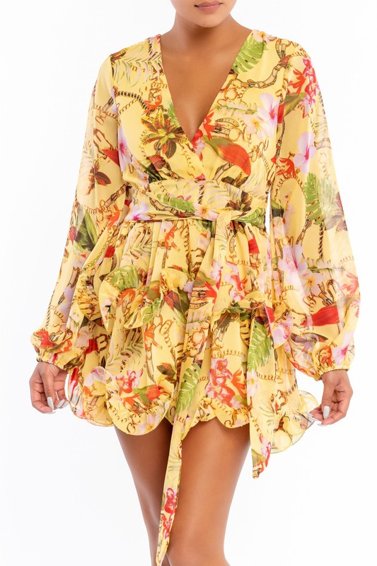 Chain Print Frill Hem Mini Dress